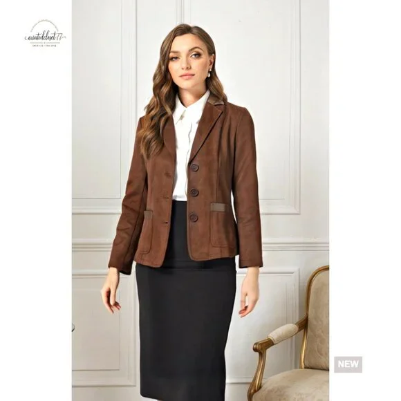 Faux Suede Blazer Lapel Collar Button Front Long Sleeve Jacket - Picture 6 of 6